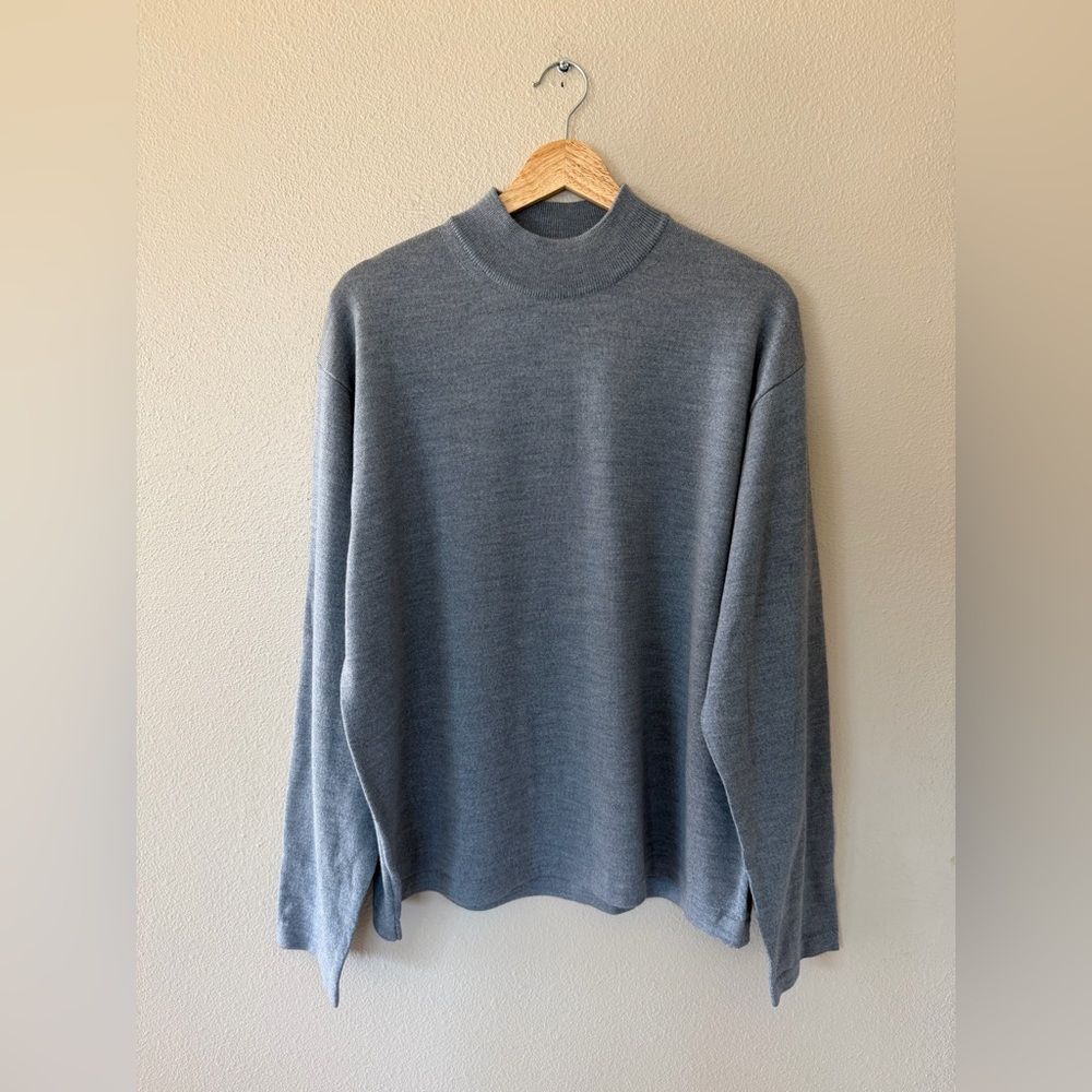 BOSS Hugo Boss 100% Merino Wool Knit Gray Blue Mockneck Sweater Men’s 54 XXL
